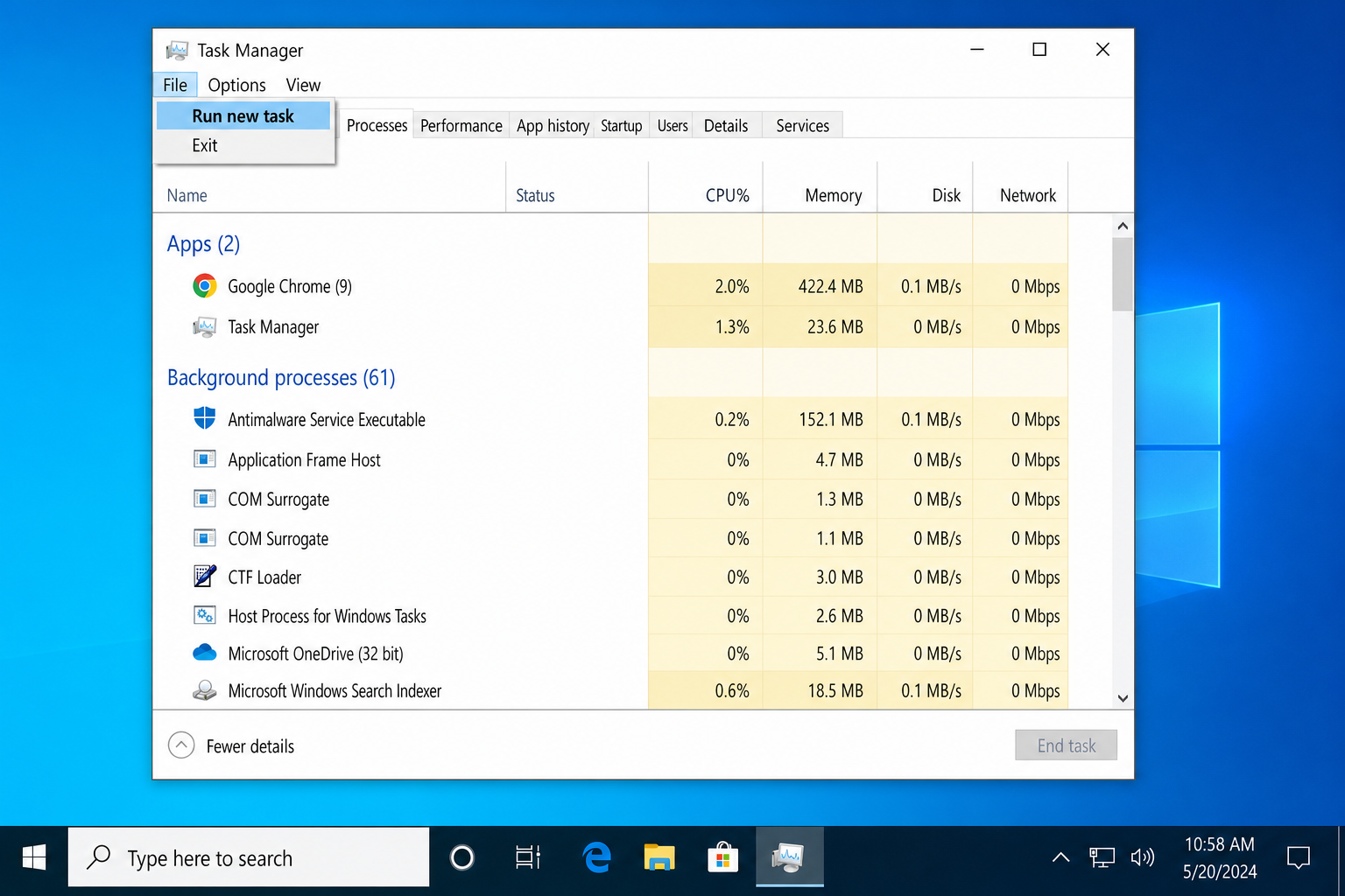 Task Manager with File menu open and "Run new task" option highlighted