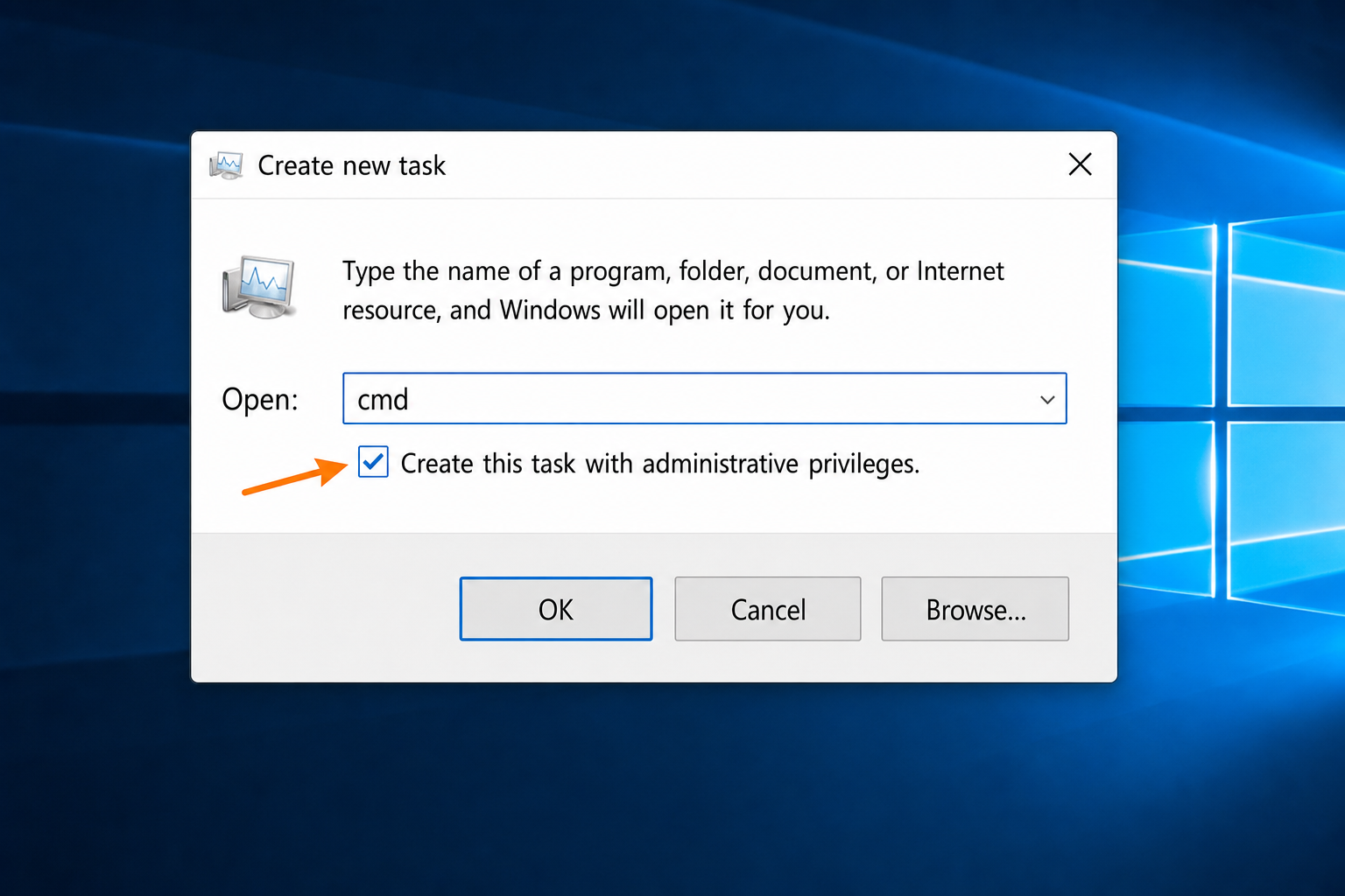 Task Manager "Create new task" dialog with a command typed and "Create this task with administrative privileges" checkbox checked