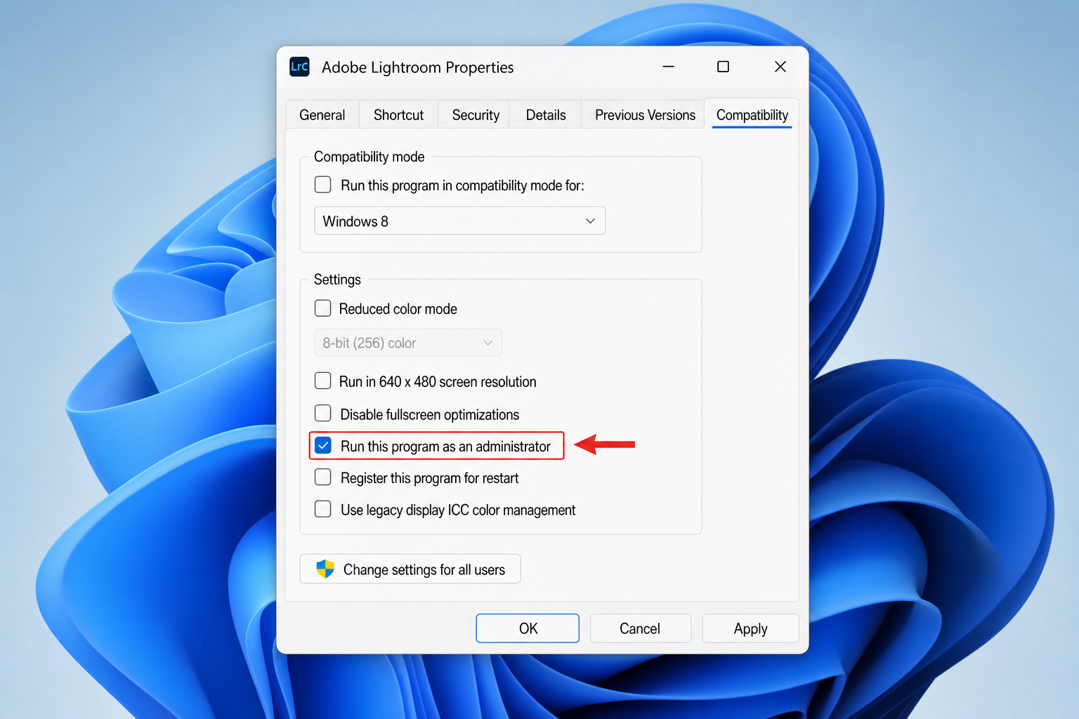 Program Properties dialog open on the Compatibility tab in Windows 11