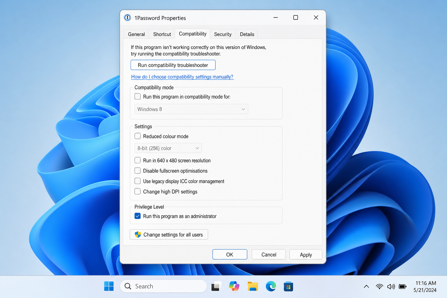 Compatibility tab with "Run this program as an administrator" checkbox checked under the Settings section
