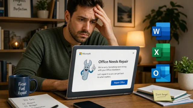 Man at a home office looks stressed as his laptop shows a 'Office Needs Repair' error with a cartoon wrench; MS Office icons float to the right.