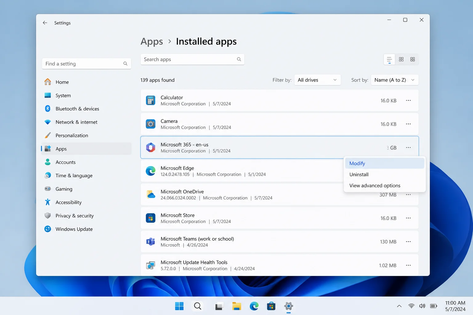 Windows 11 Settings Apps Installed apps page with Microsoft 365 selected and the Modify option highlighted
