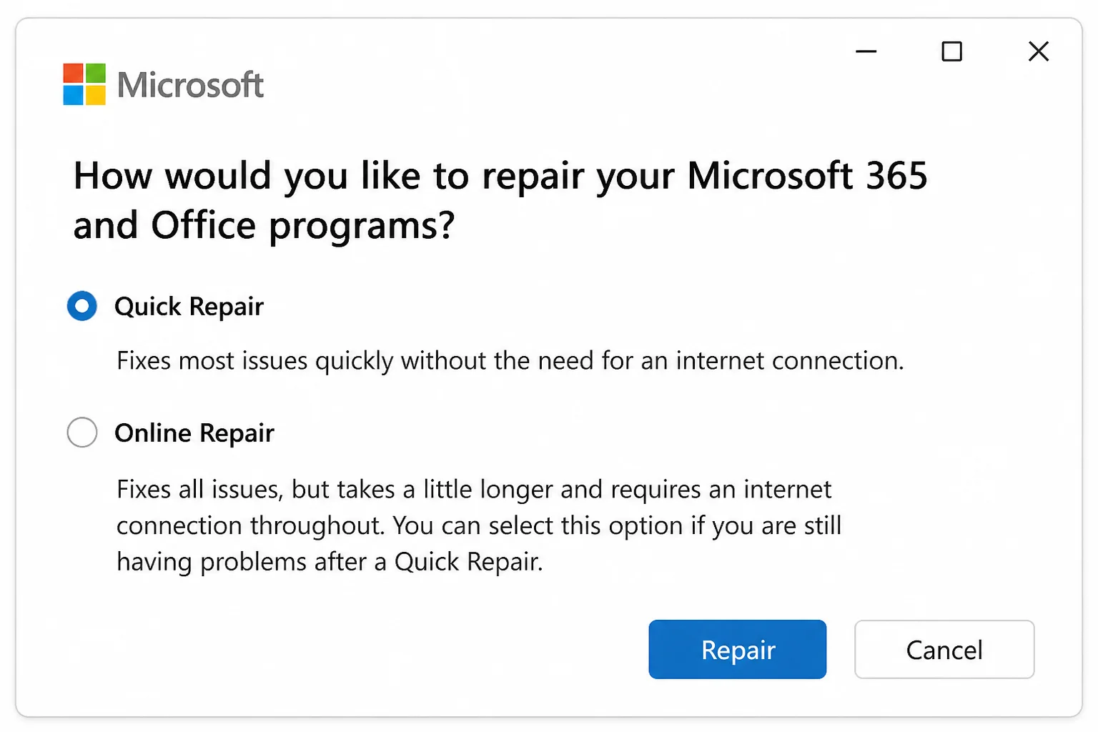 Microsoft 365 repair dialog showing Quick Repair and Online Repair radio button options with Quick Repair selected and the