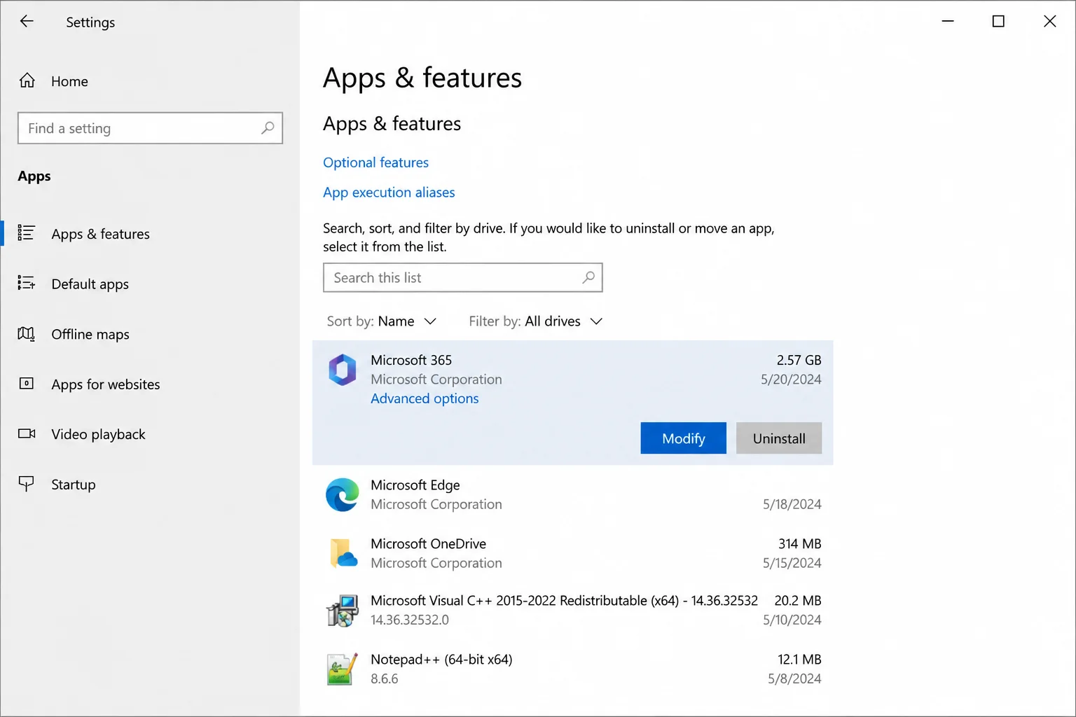 Windows 10 Settings > Apps & Features with Microsoft 365 selected and Modify button visible