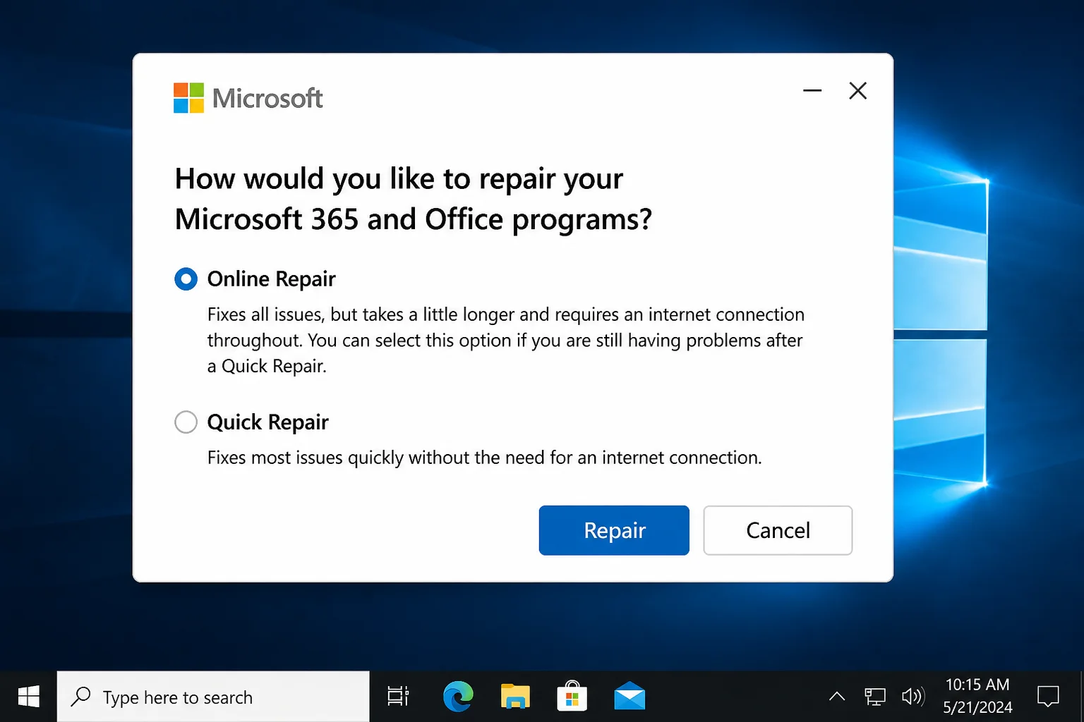 Microsoft 365 repair dialog with Online Repair selected, showing confirmation prompt and Repair button highlighted