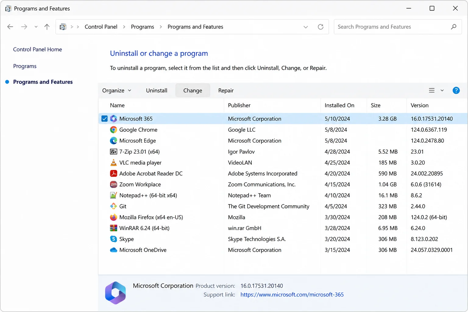 Control Panel > Programs and Features with Microsoft 365 selected and the Change button visible in the top toolbar