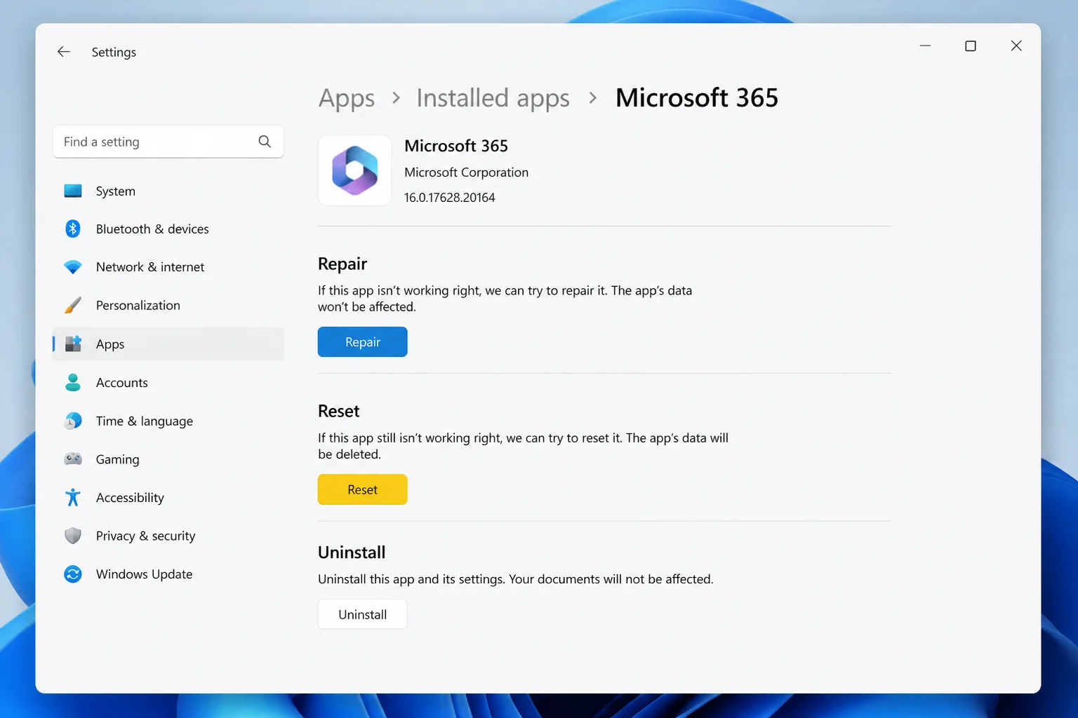 Windows 11 Settings > Apps > Installed apps > Microsoft 365 Advanced options page showing Repair and Reset buttons in the