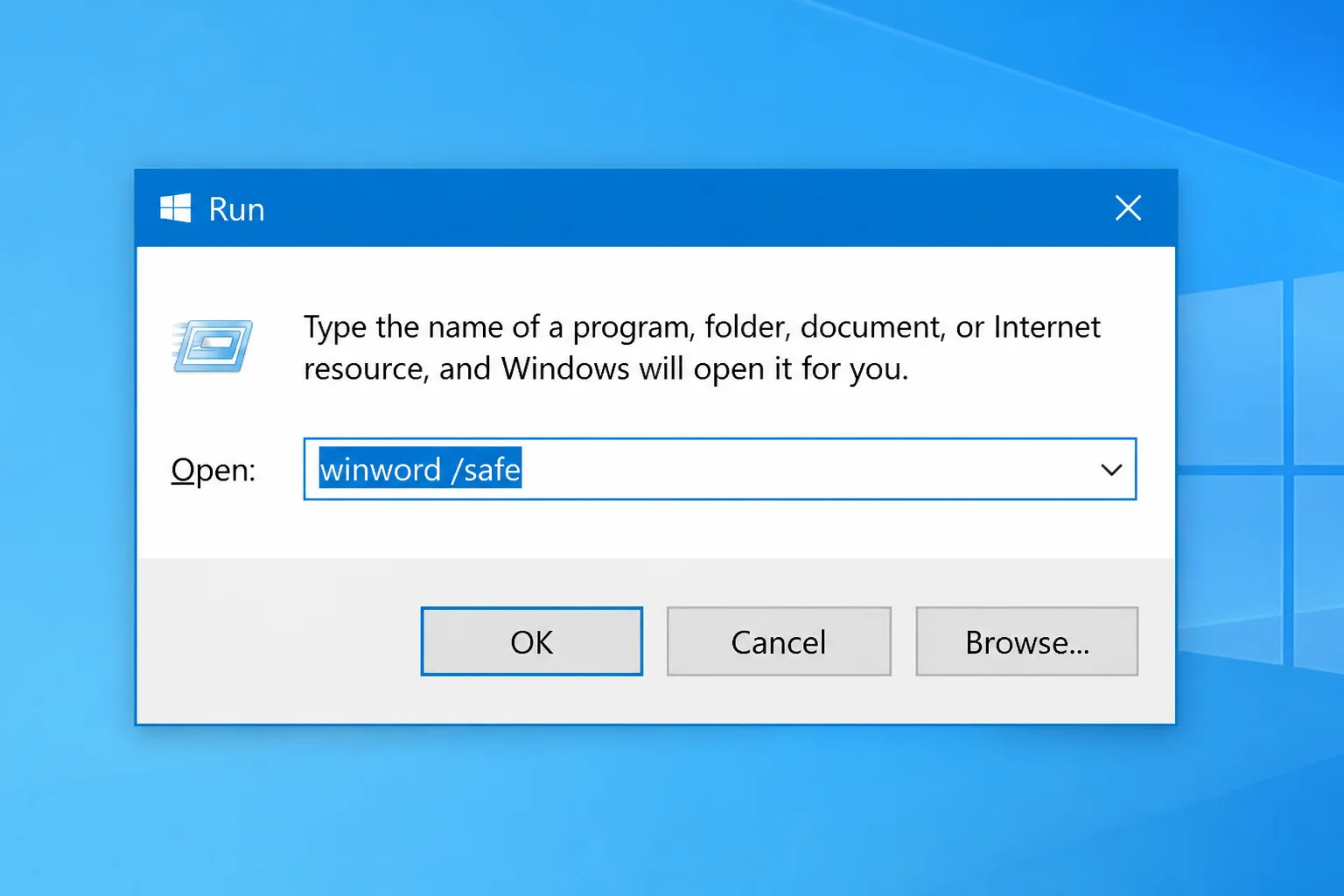 Windows Run dialog with "winword /safe" typed in the Open field