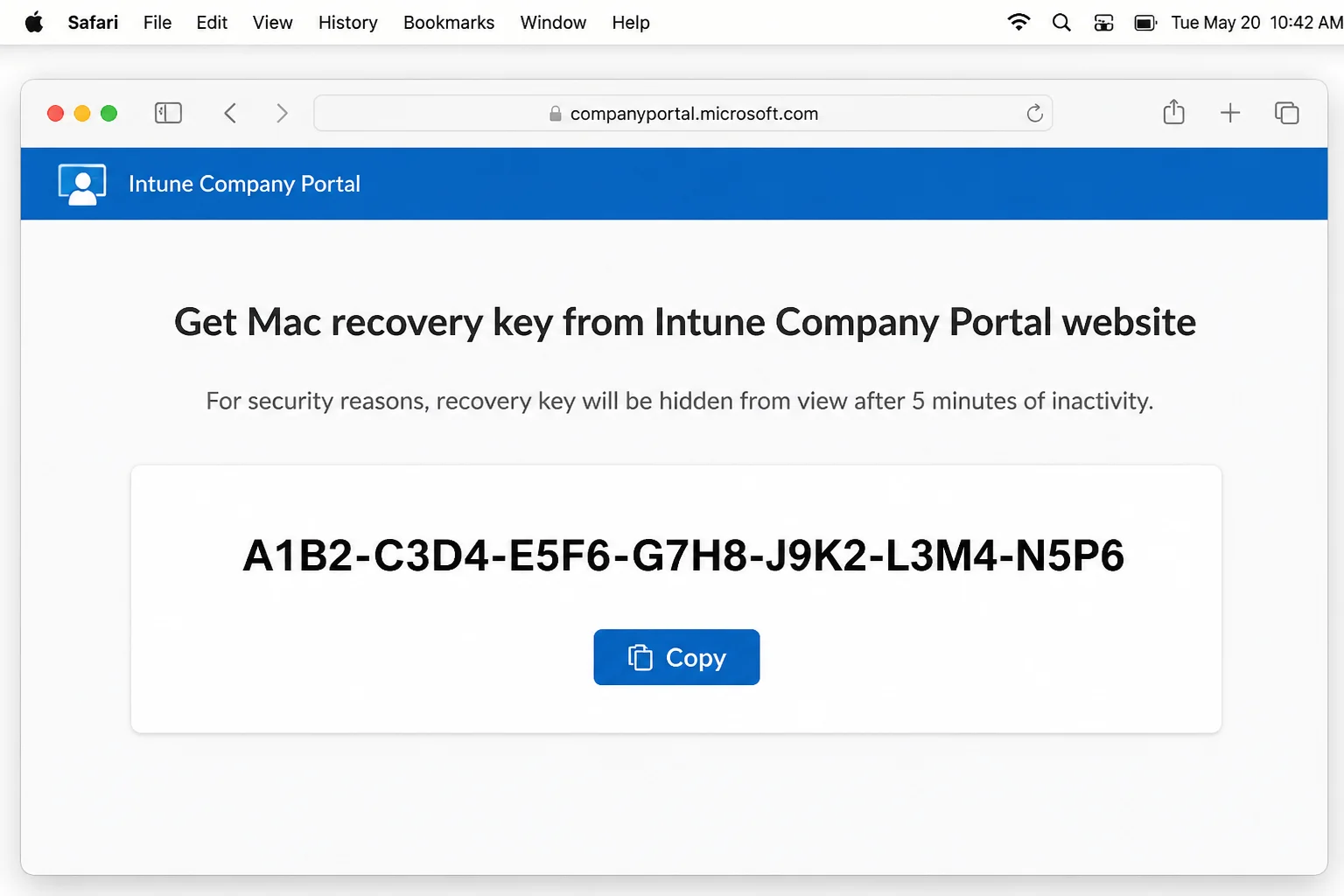 macOS desktop with a browser available for accessing a Microsoft account recovery key stored online