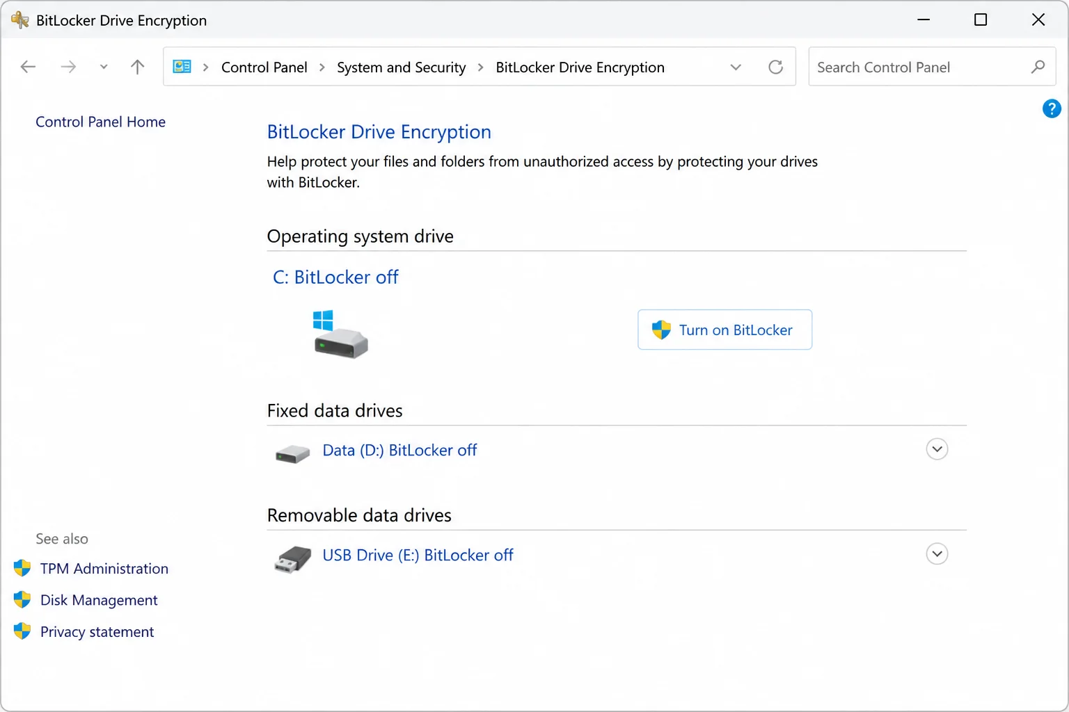 Control Panel BitLocker Drive Encryption page showing the C drive, its protection status, and available actions