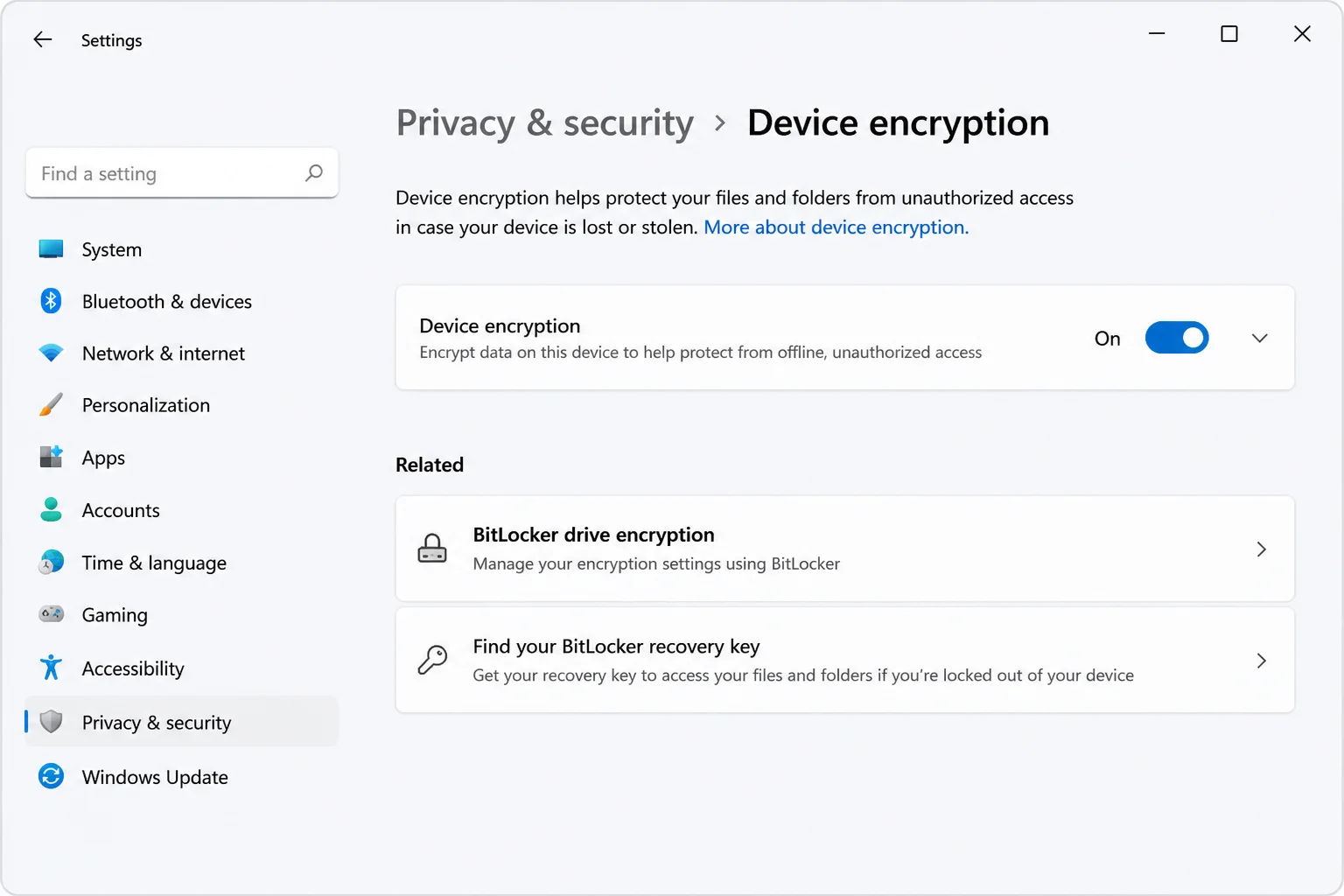 Windows 11 Settings Device encryption page showing encryption status and the BitLocker management link, if available