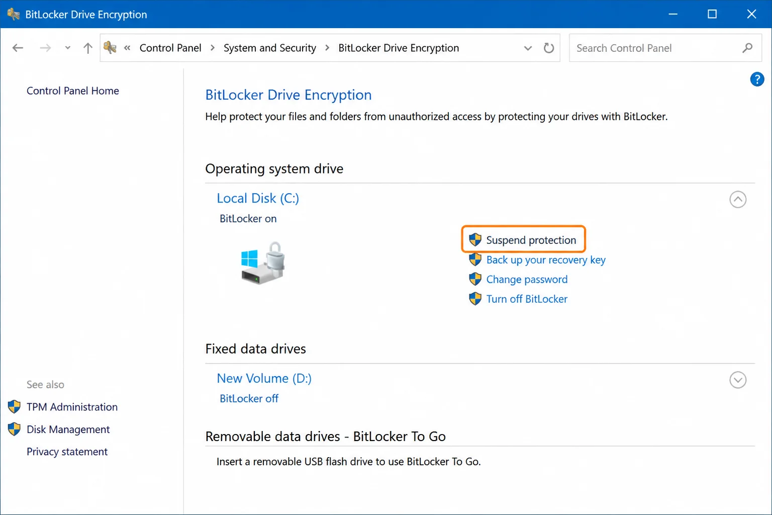 Control Panel BitLocker Drive Encryption page with Suspend protection highlighted beside the C drive