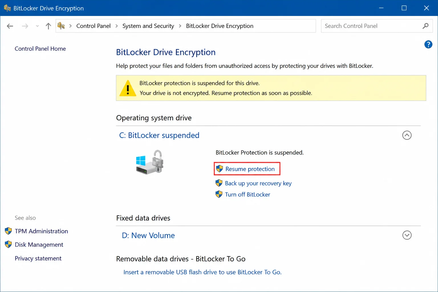 BitLocker management page showing Protection suspended and the Resume protection action