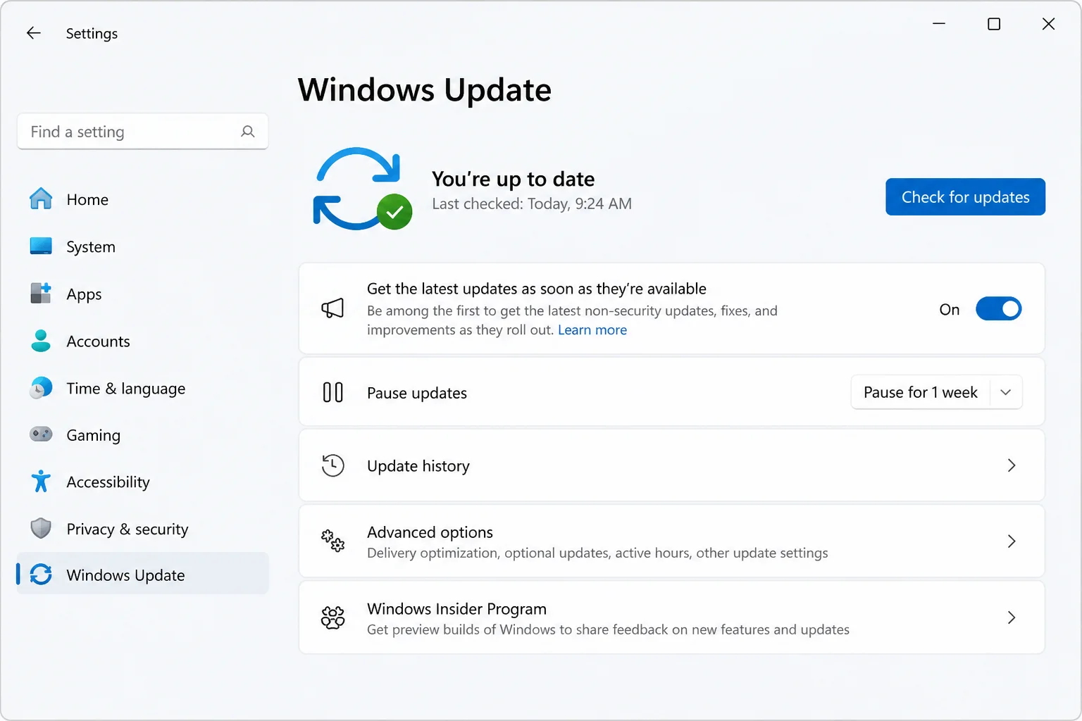 Windows Update settings page with Check for updates highlighted and the current update status visible