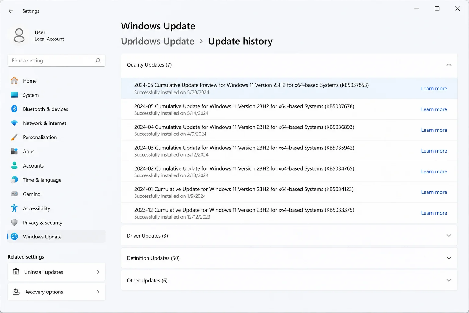 Windows Update history page showing the latest update and its Successfully installed status