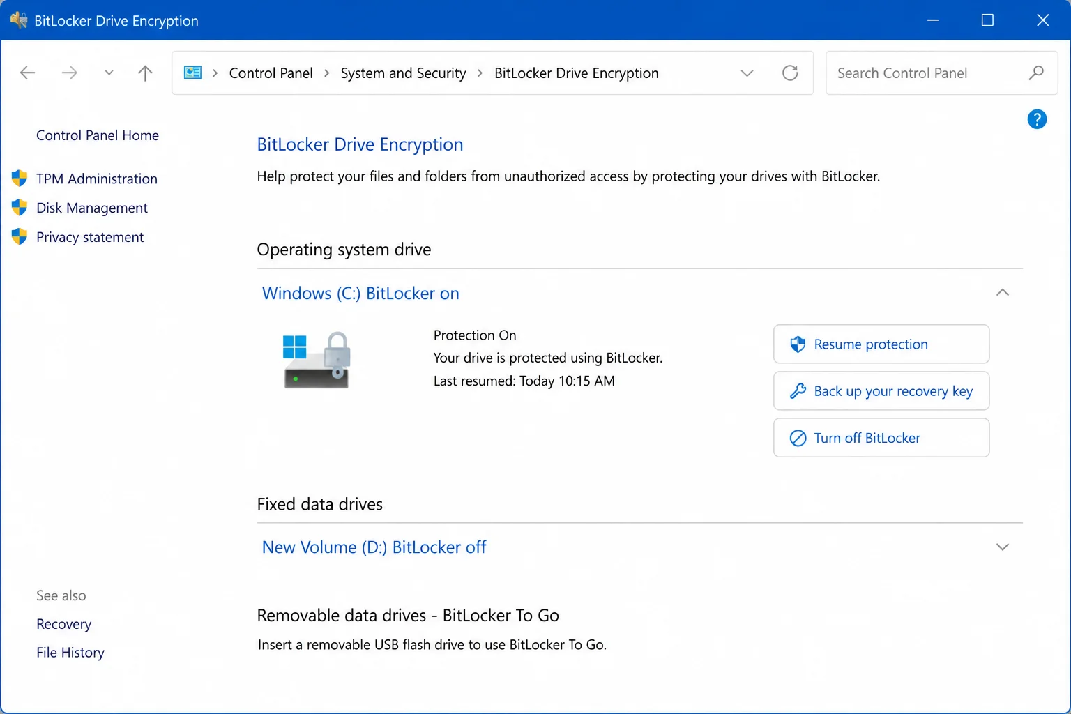 Control Panel BitLocker Drive Encryption page showing Protection on after protection has been resumed