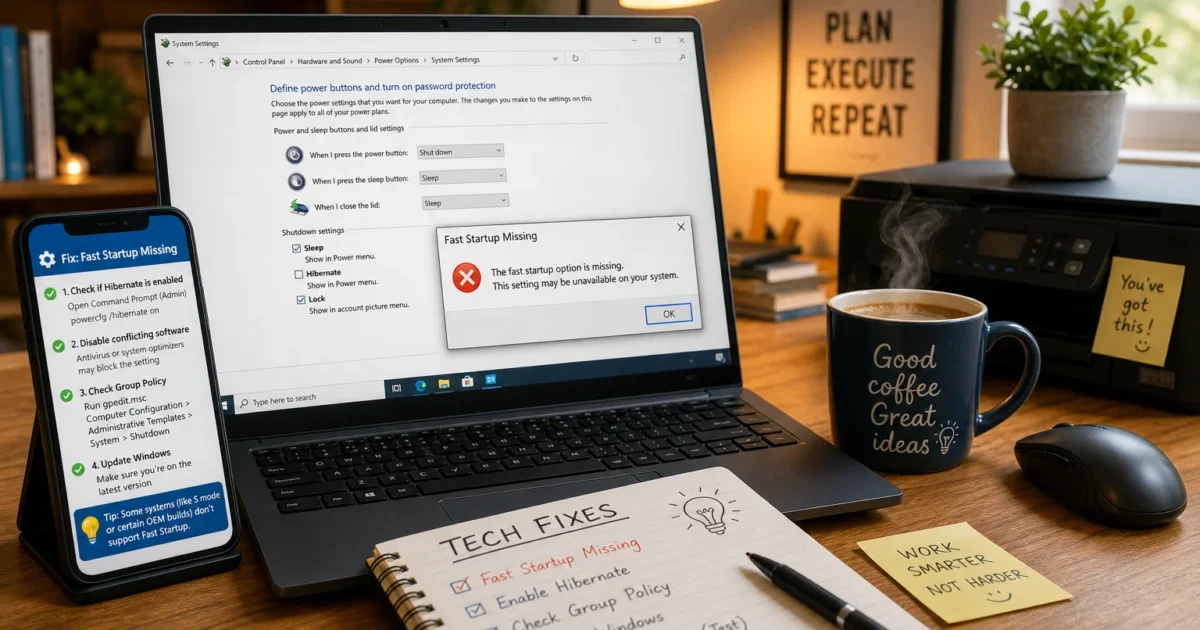 Workspace with a laptop, smartphone showing startup-missing fix steps, and a spiral notebook labeled 'TECH FIXES' on a wooden desk.