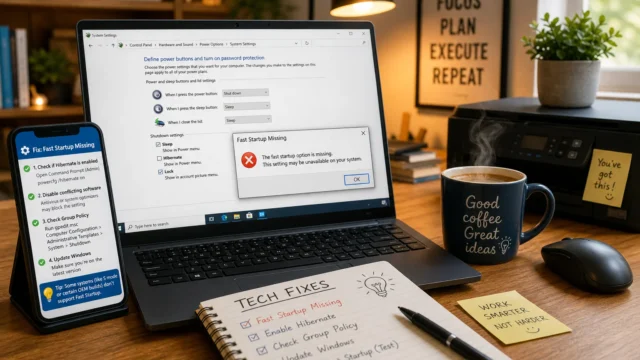 Workspace with a laptop, smartphone showing startup-missing fix steps, and a spiral notebook labeled 'TECH FIXES' on a wooden desk.
