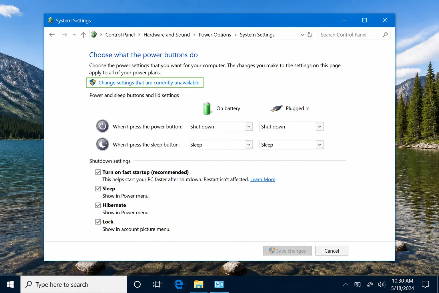 Power Options "Choose what the power buttons do" page with "Change settings that are currently unavailable" link highlighted