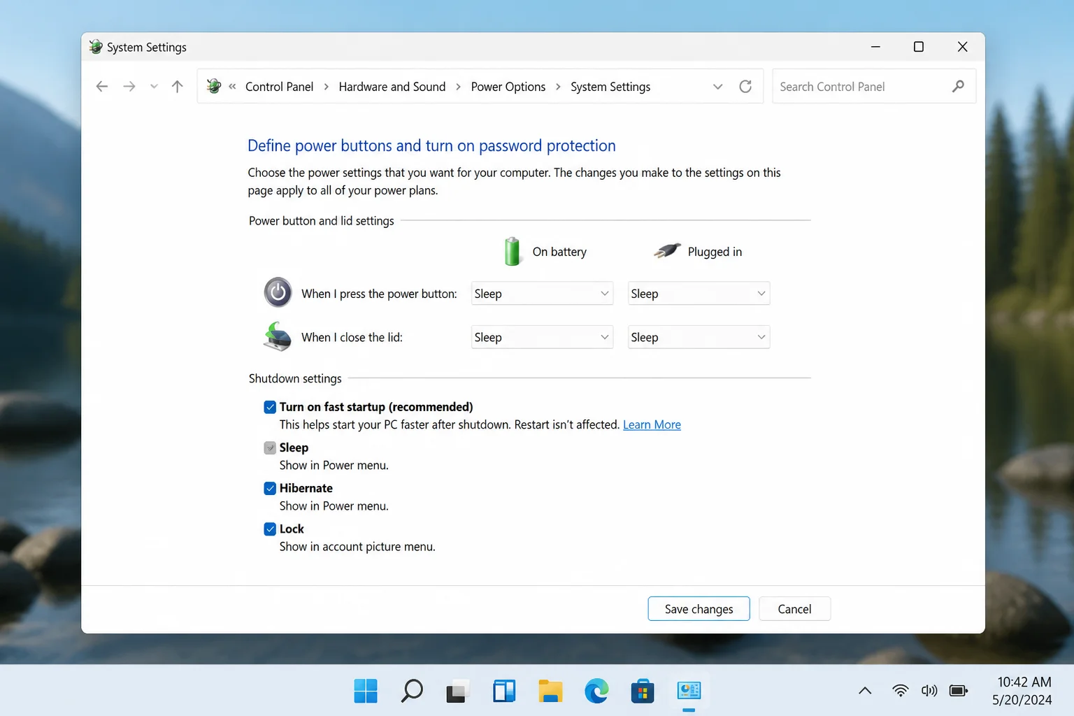 Power Options shutdown settings section with "Turn on fast startup (recommended)" checkbox checked and Save changes button