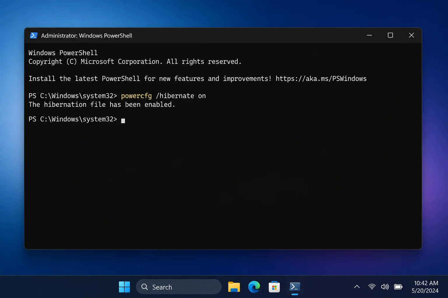 Windows Terminal running as Administrator with "powercfg /hibernate on" command entered and completed successfully