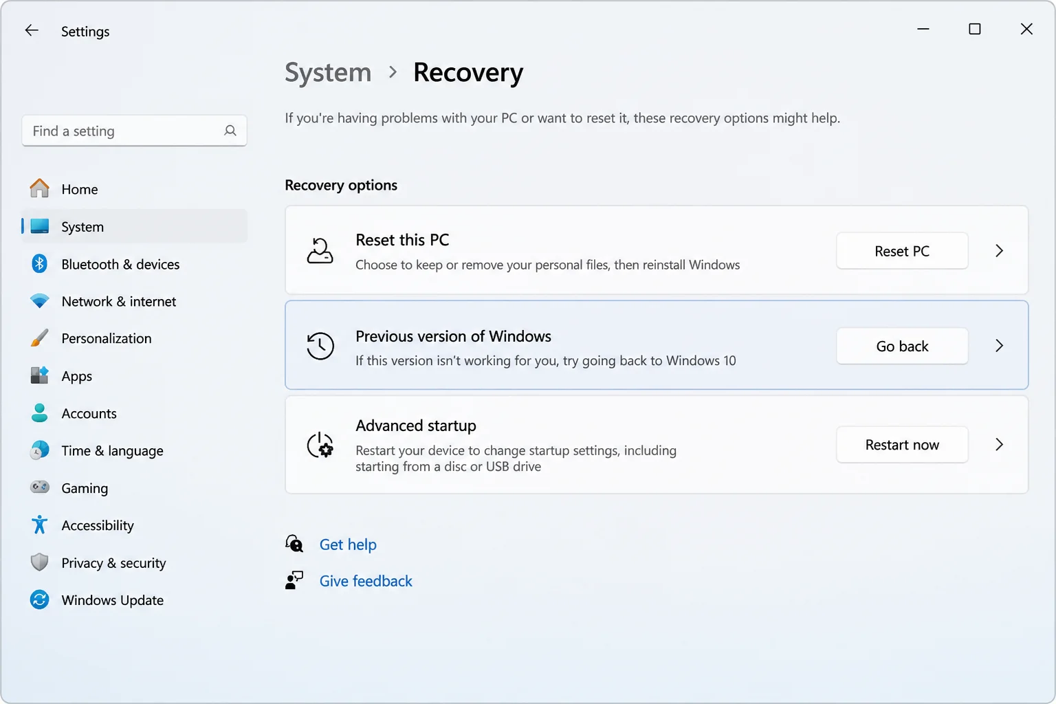 Windows Recovery settings showing the Go back area as a separate feature-upgrade rollback option without assuming it is enabled