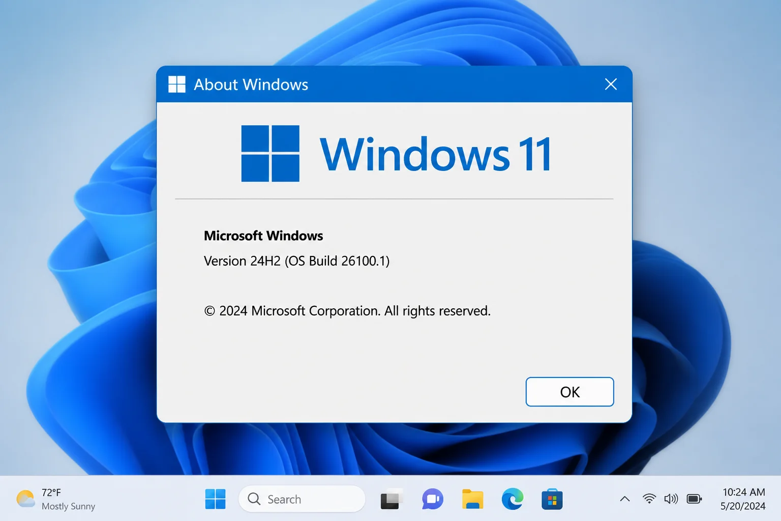 About Windows dialog after rollback showing the Windows version and OS build for comparison