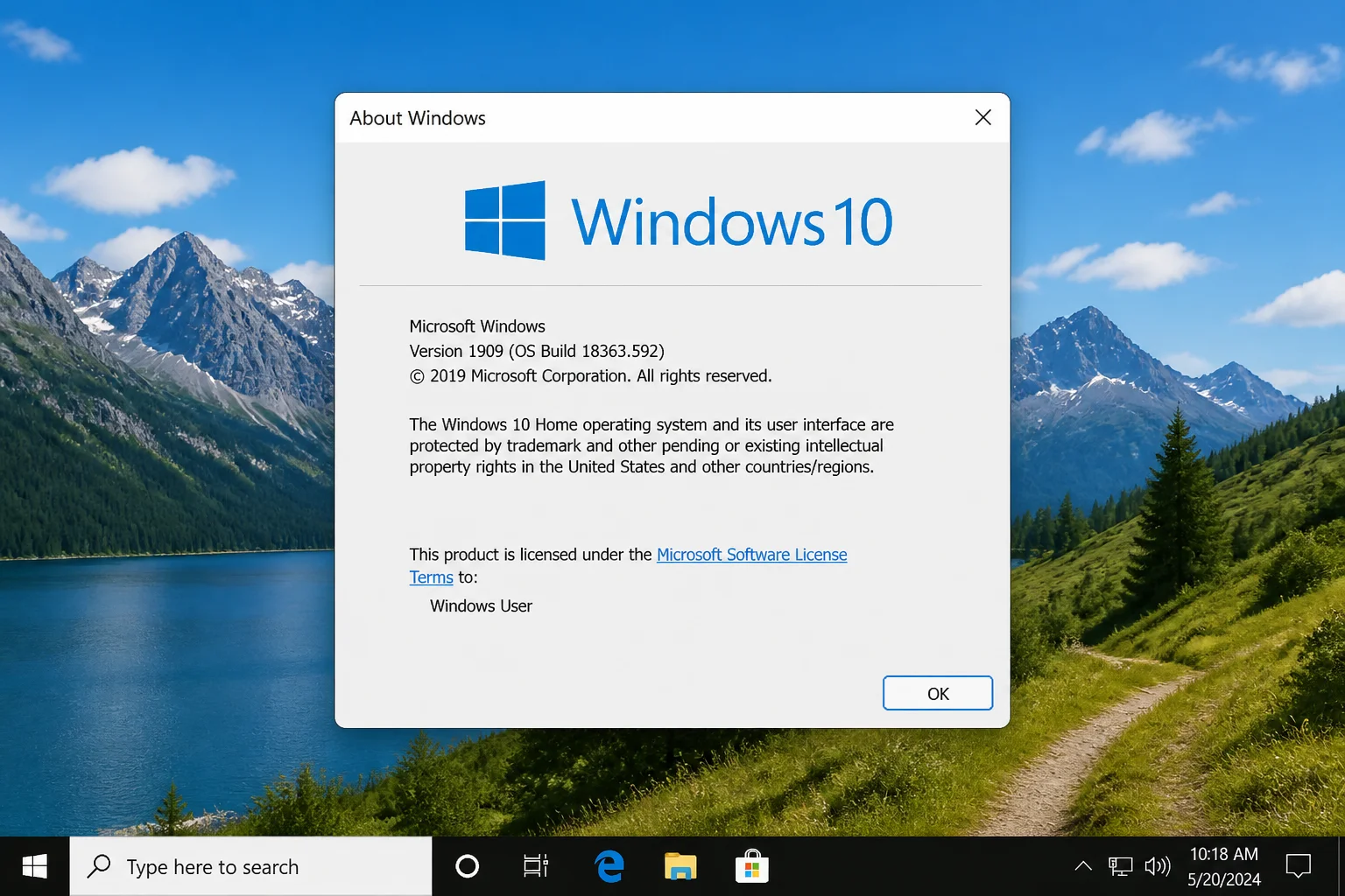 About Windows dialog showing the Windows version and OS build before removing an update