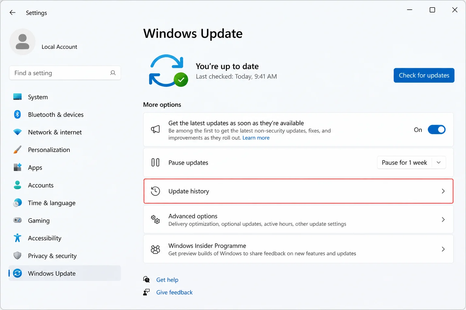 Windows 11 Windows Update page with the Update history option visible