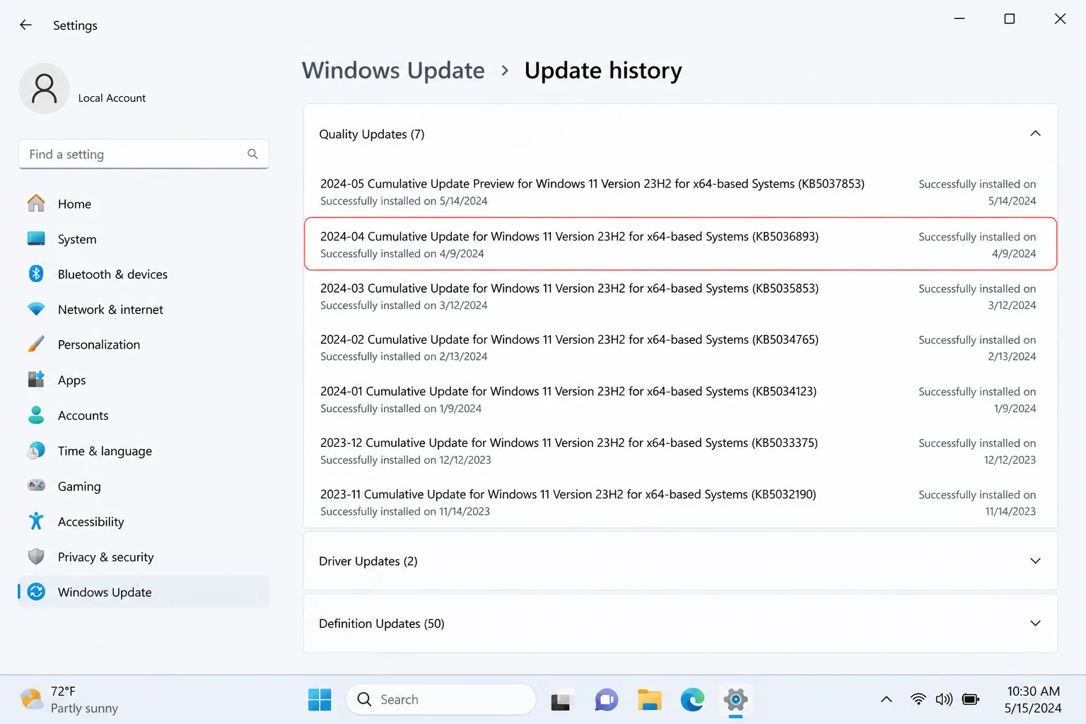 Windows 11 Update history page showing KB-numbered quality updates with the complete suspected KB highlighted