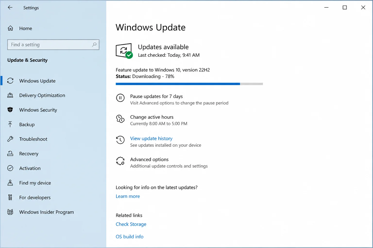 Windows 10 Windows Update page with the View update history link visible