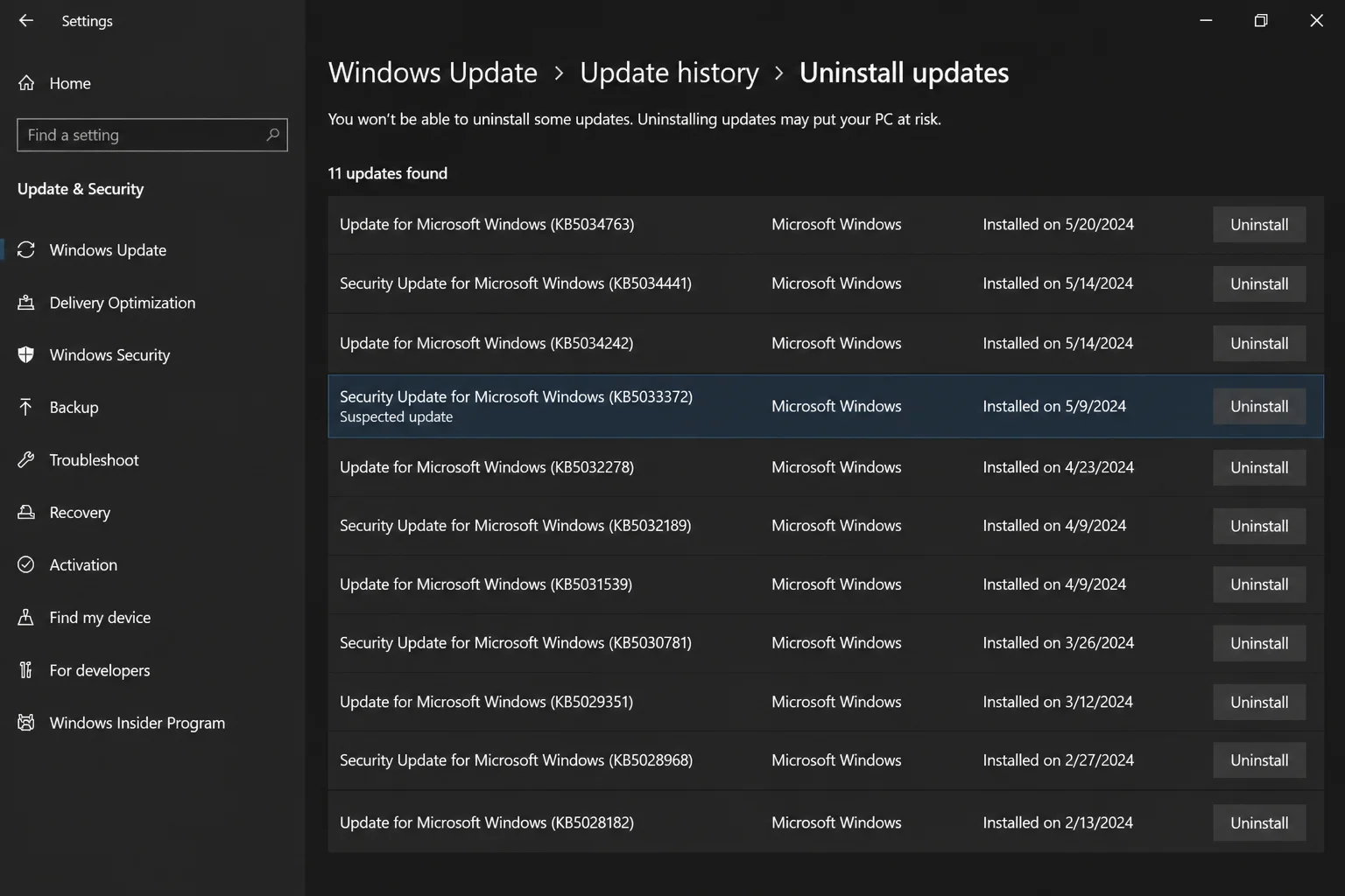 Windows 10 update history showing KB-numbered entries with the suspected KB highlighted