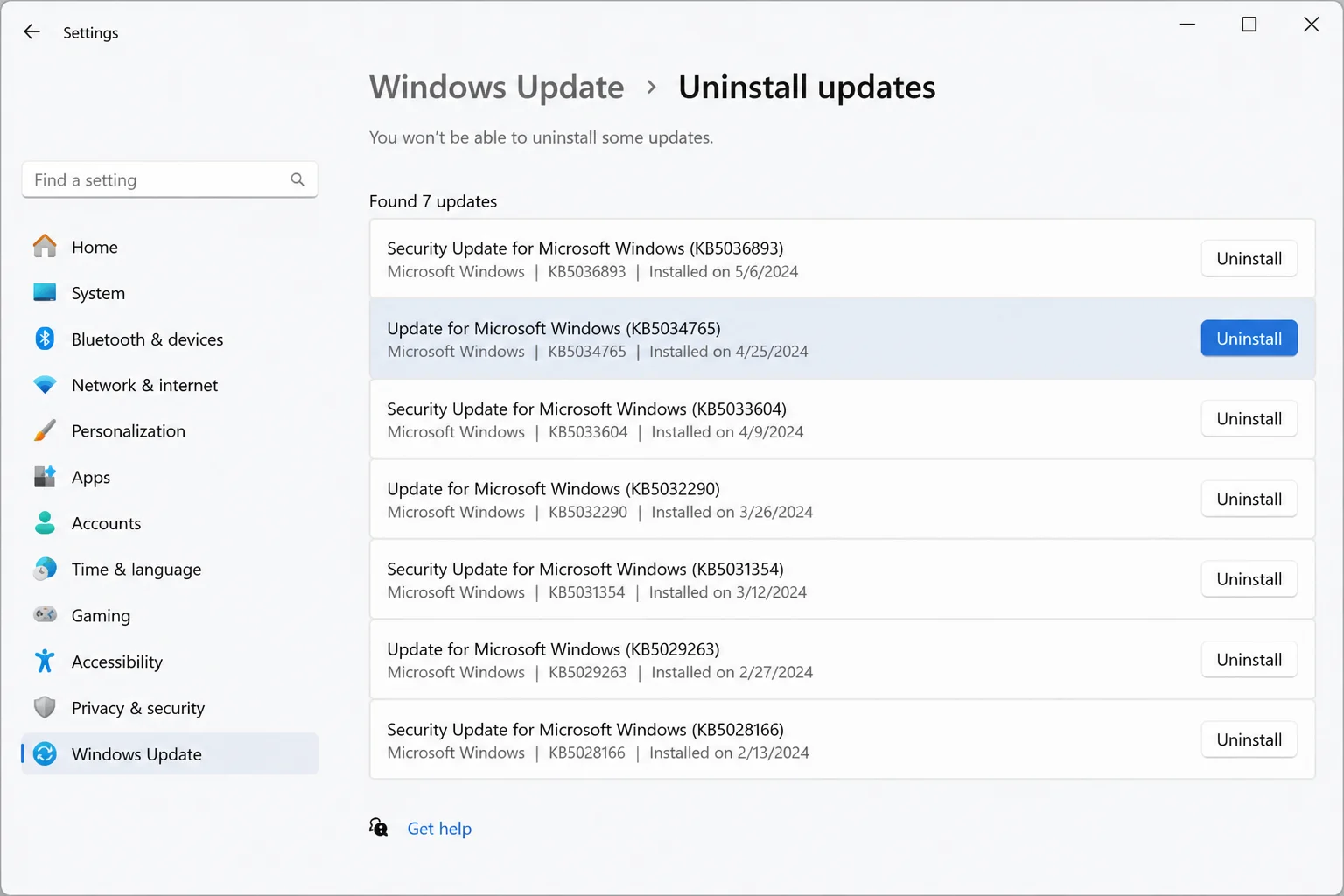 Windows 11 Uninstall updates page showing the matching KB entry and its Uninstall control
