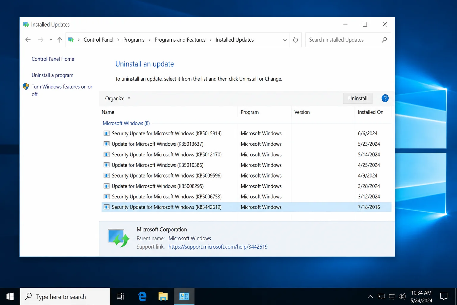 Windows 10 Installed Updates interface showing a selected KB-numbered update and the Uninstall action