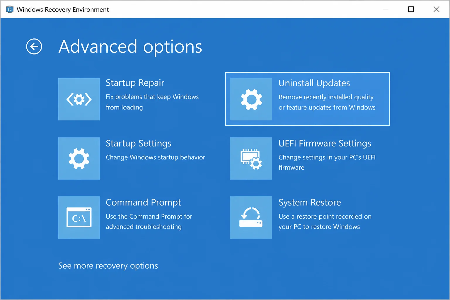 Windows Recovery Environment Advanced options screen with Uninstall Updates highlighted