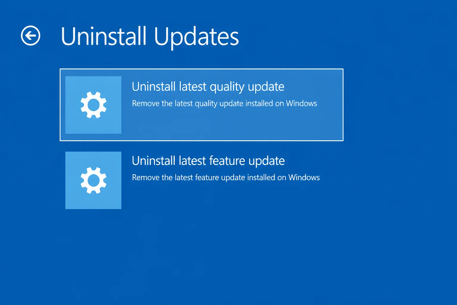 Windows Recovery Environment Uninstall Updates screen with Uninstall latest quality update highlighted and distinguished from feature-update removal