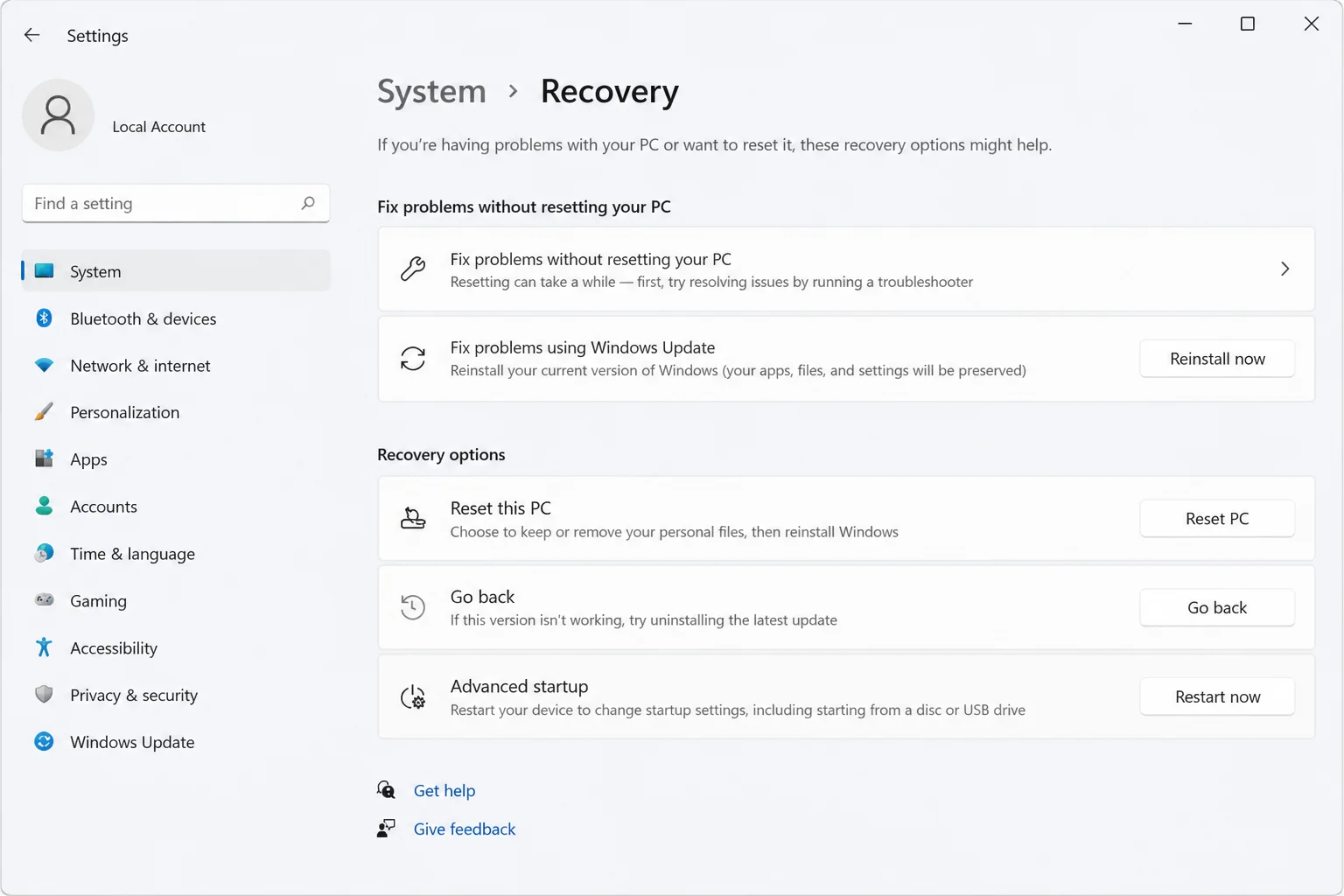 Windows 11 Settings System Recovery page showing the current-version repair or reinstall area when available
