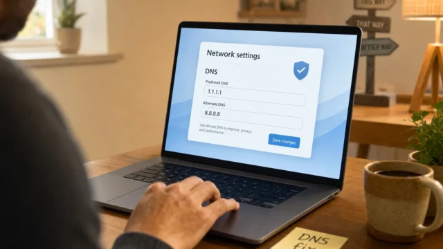 Person sits at a wooden desk adjusting DNS settings on a laptop; sticky note reads 'DNS fix' nearby.