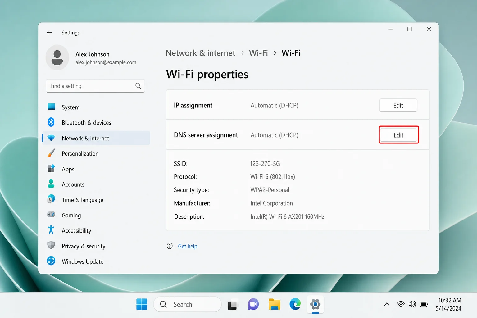 Windows 11 Settings > Network & Internet > Wi-Fi > network properties page showing DNS server assignment section with Edit