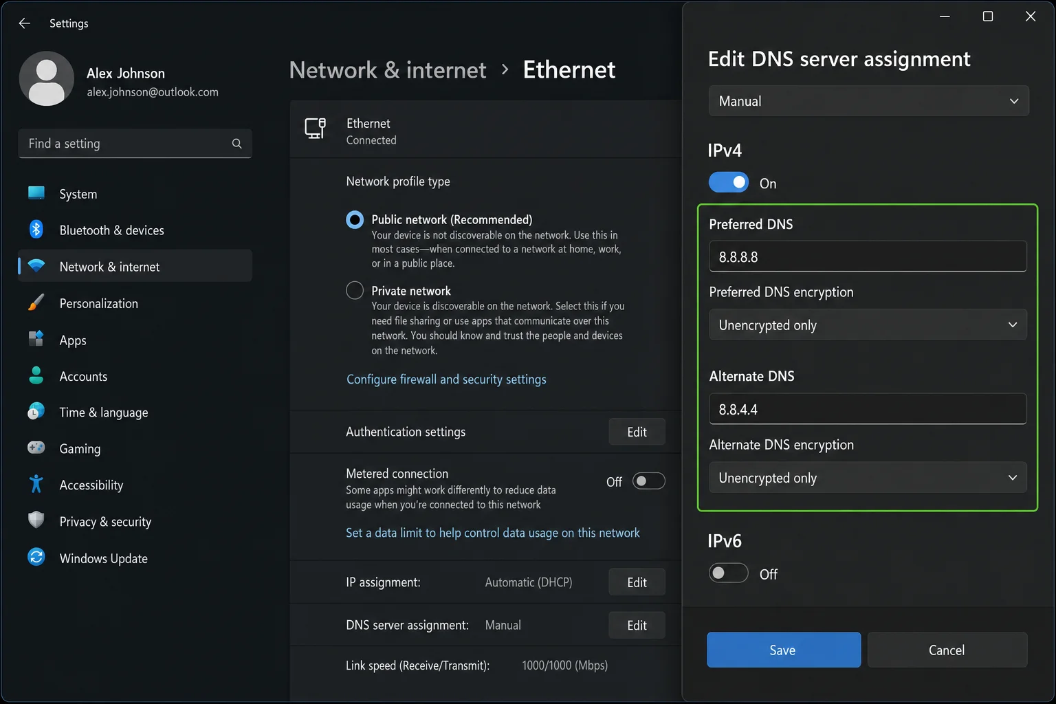 Windows 11 Settings > Network & Internet > Ethernet > DNS server assignment Edit dialog showing Manual mode with IPv4 DNS