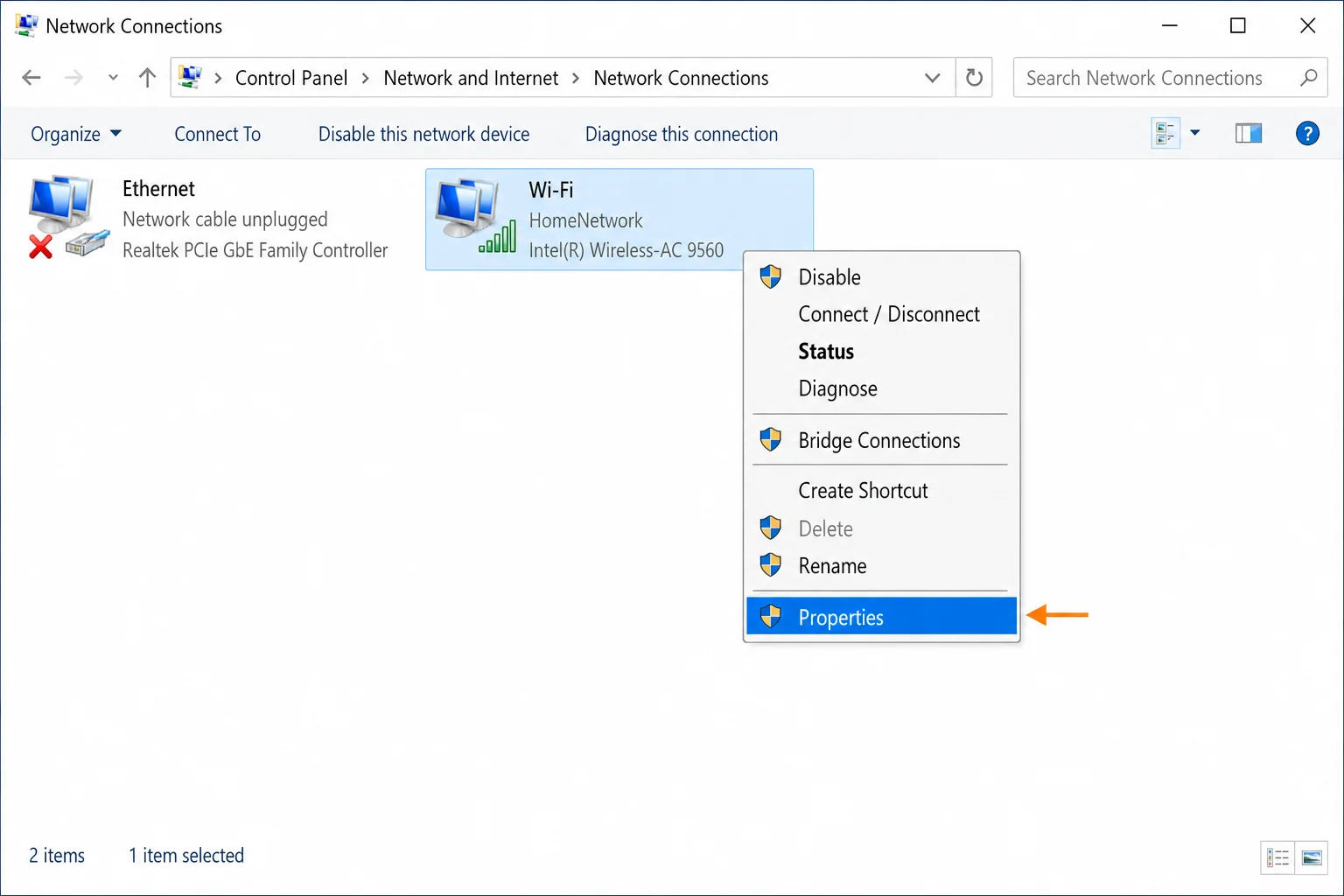 Network Connections window (ncpa.cpl) on Windows 10 showing Wi-Fi adapter right-clicked with Properties option highlighted