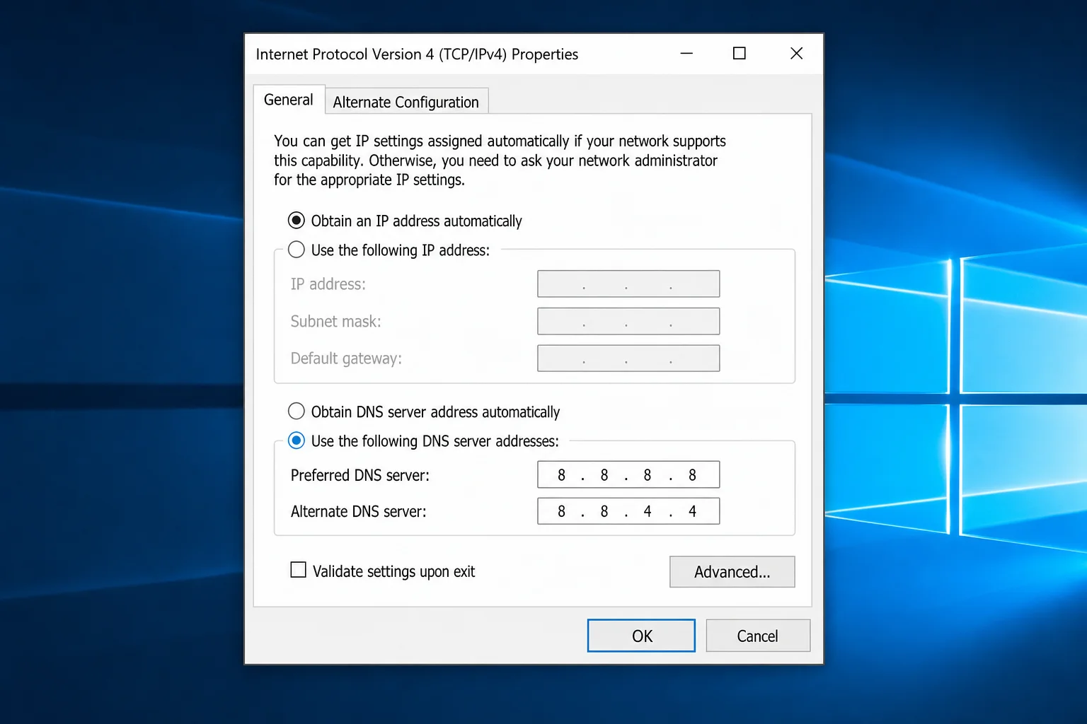 IPv4 Properties dialog on Windows 10 with "Use the following DNS server addresses" selected and DNS fields showing 8.8.8.8