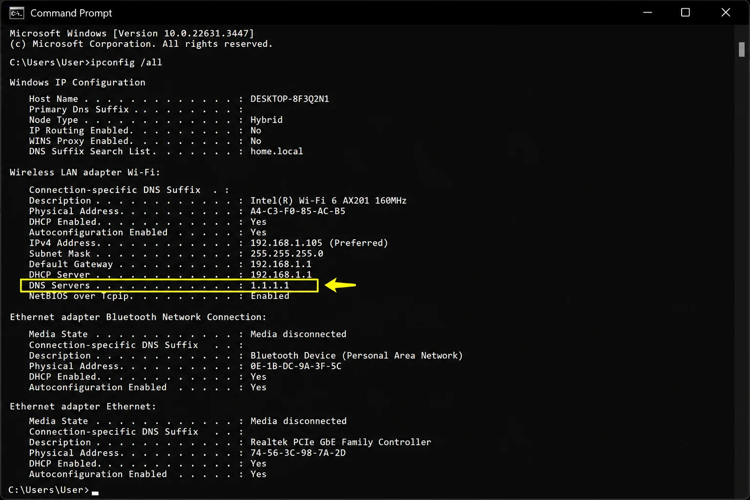 Command Prompt showing output of "ipconfig /all" with DNS Servers line highlighted under the active Wi-Fi adapter showing