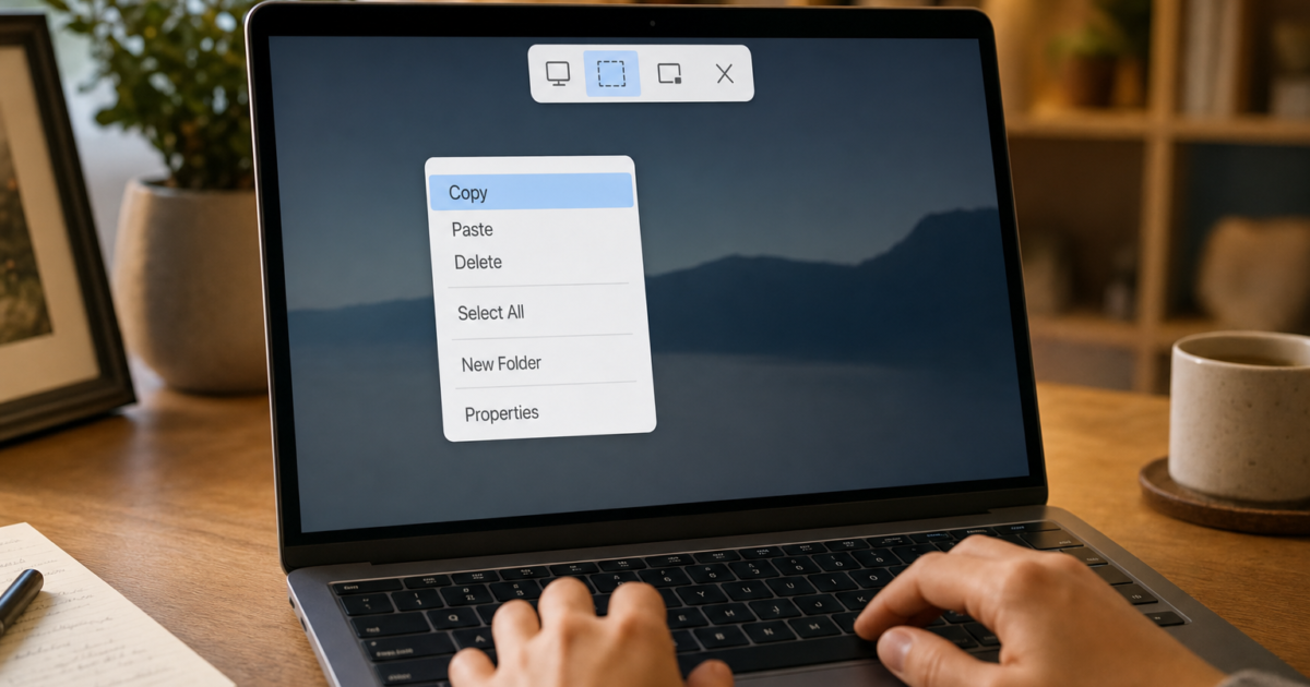 Laptop screen showing a context menu with Copy, Paste, Delete, Select All, New Folder, Properties.