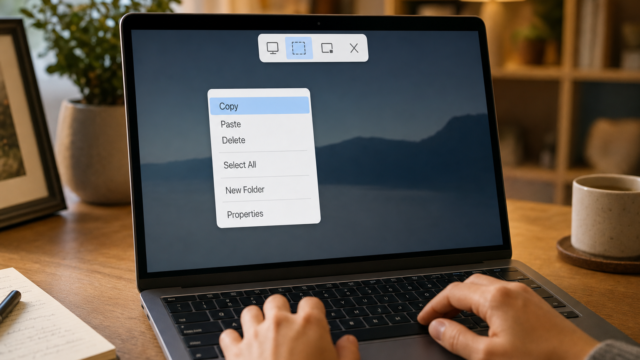 Laptop screen showing a context menu with Copy, Paste, Delete, Select All, New Folder, Properties.