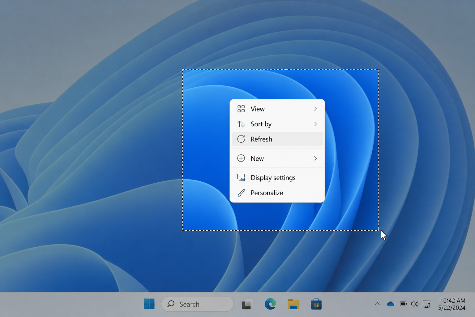Windows 11 screen with the rectangular snip mode active, showing a drag selection box drawn around an open right-click context menu, with the rest of the screen dimmed