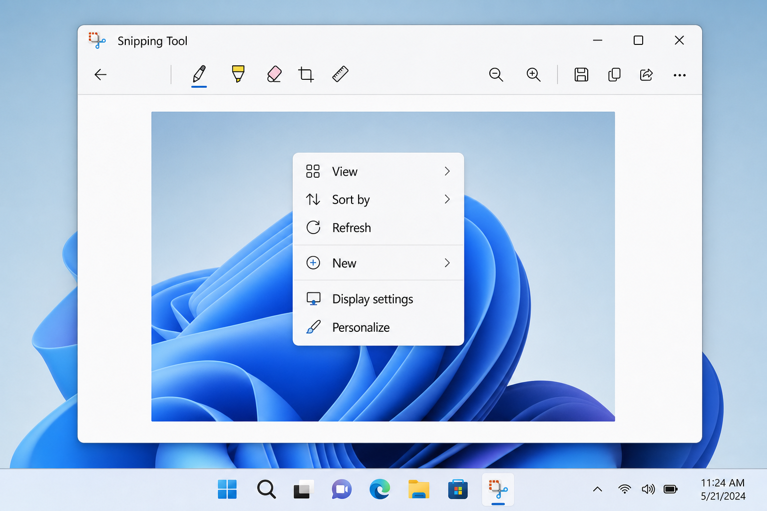 Snipping Tool editor window showing a captured right-click context menu with the annotation toolbar visible at the top, including pen, highlighter, and crop tools