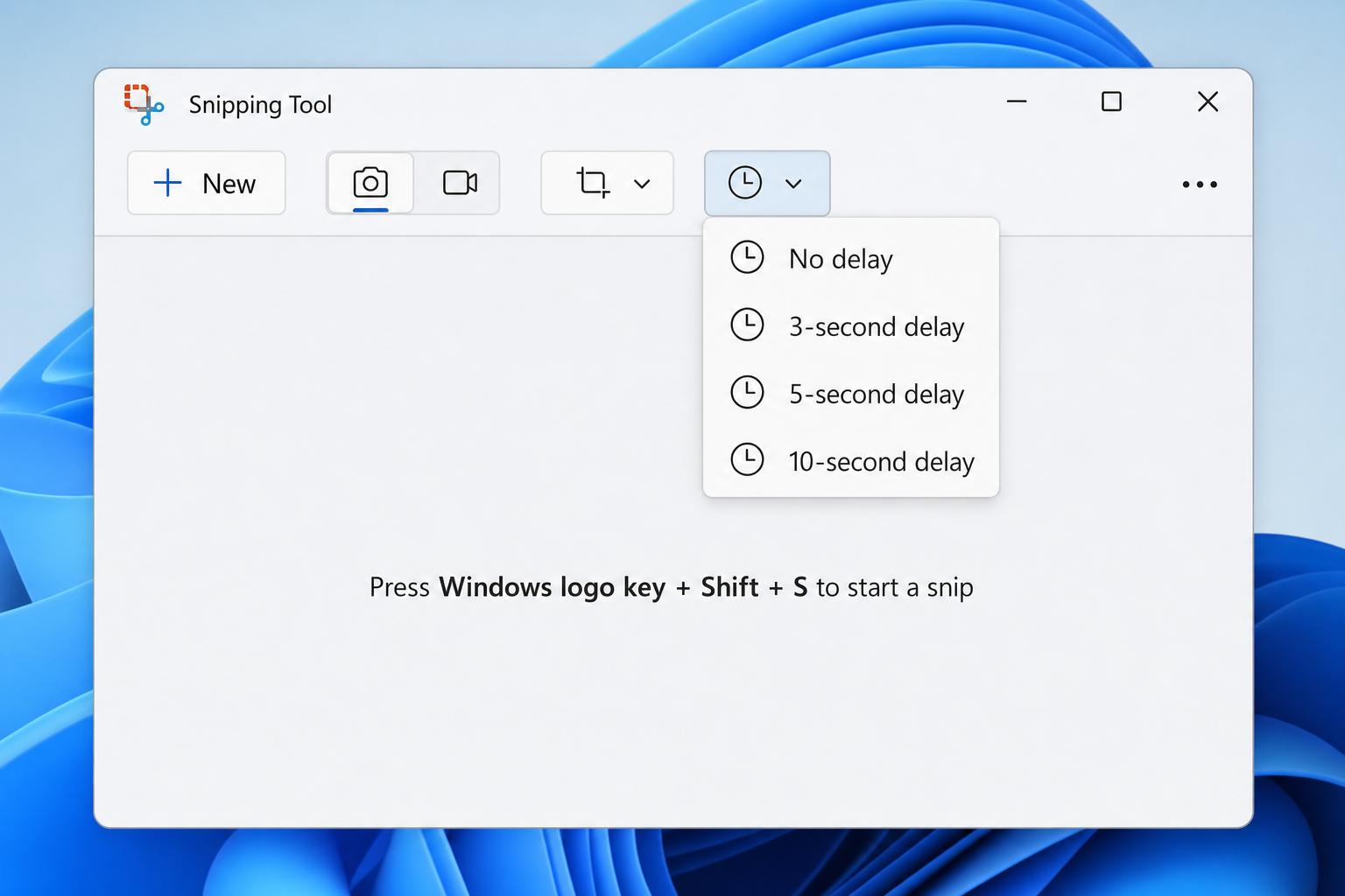 Snipping Tool app window showing the Snip delay dropdown open with options for 0, 3, 5, and 10 second delays