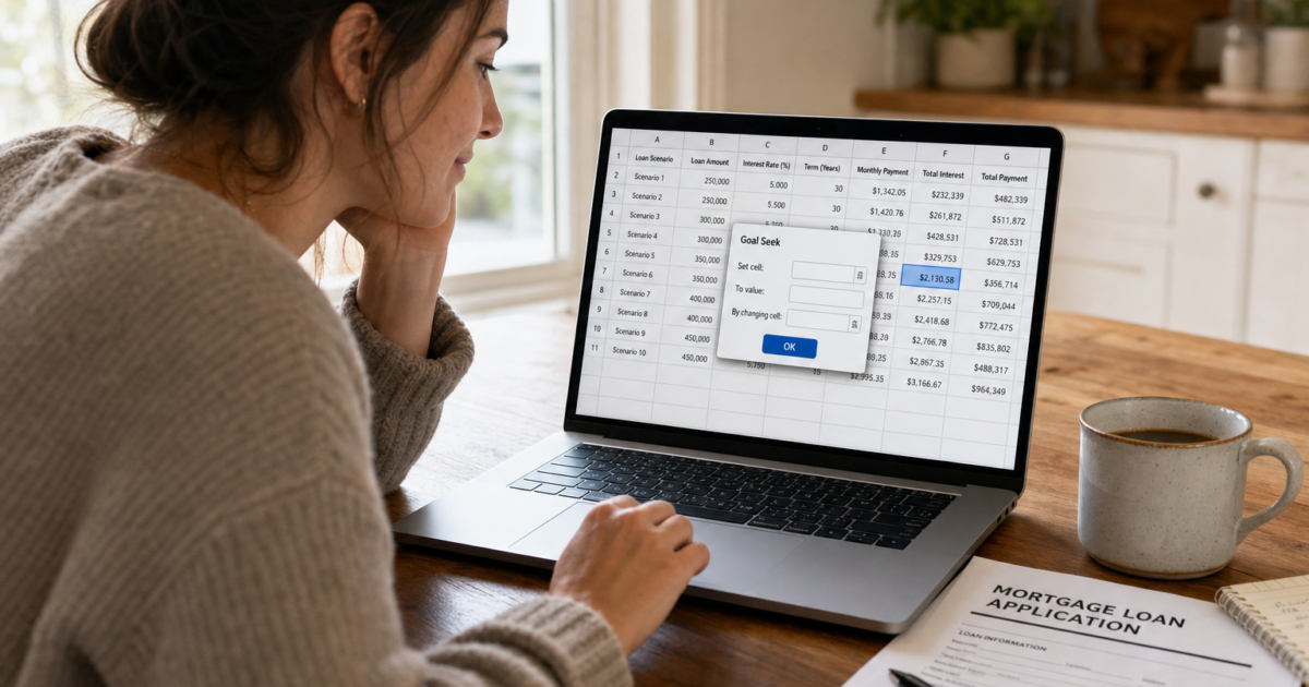 Woman looking at a laptop screen with a financial spreadsheet open, a mortgage loan application form and pen on the desk nearby.