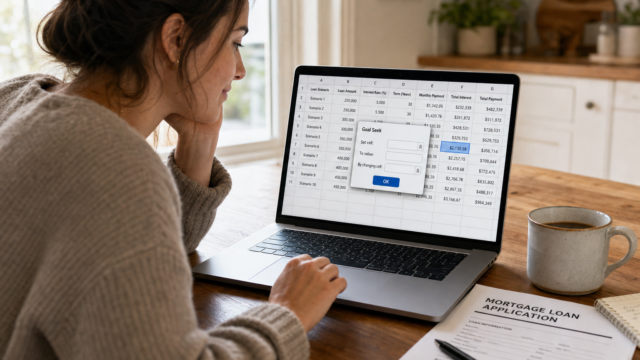 Woman looking at a laptop screen with a financial spreadsheet open, a mortgage loan application form and pen on the desk nearby.